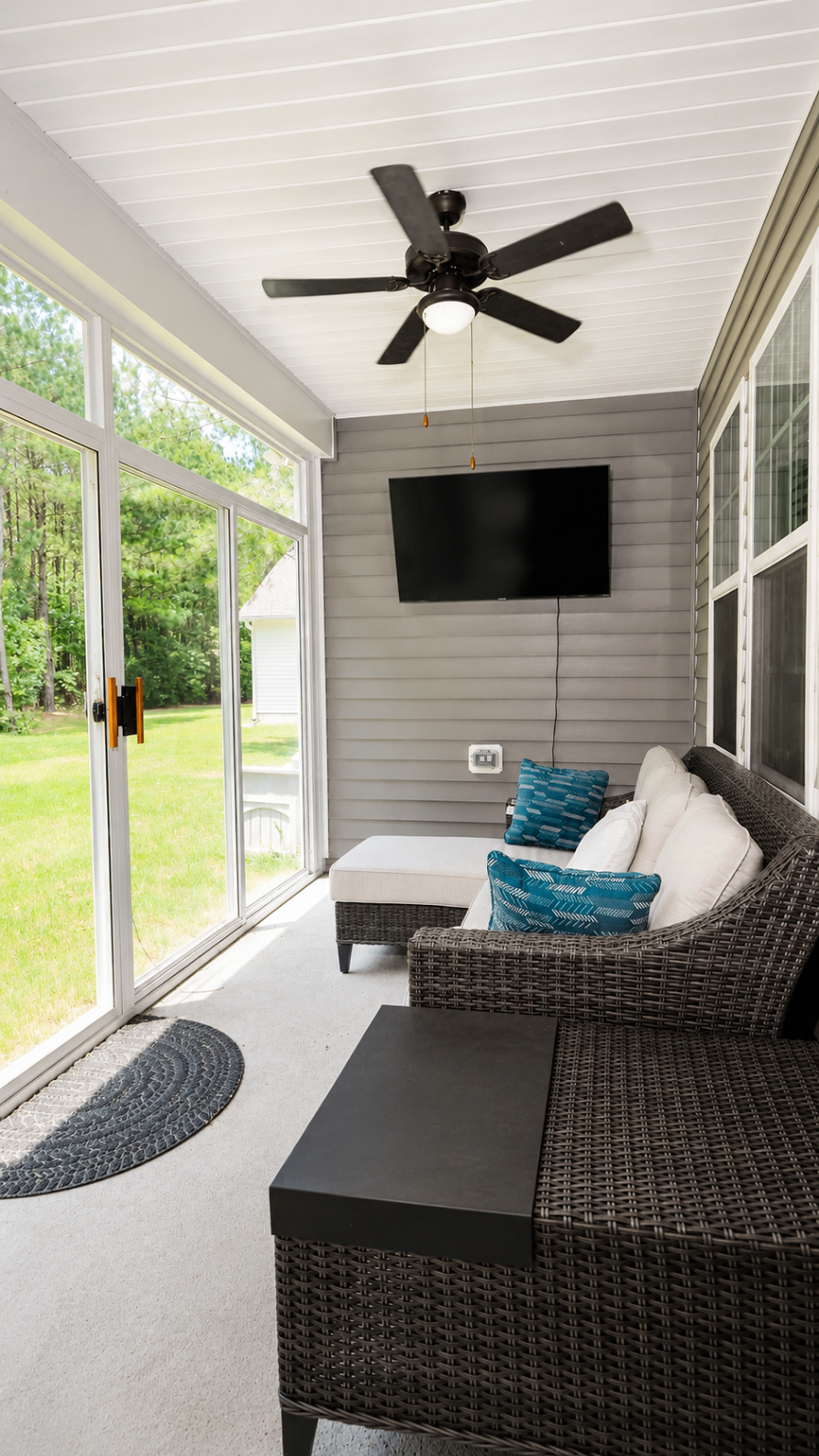 Screened porch with lounge seating, television and wooded backyard views