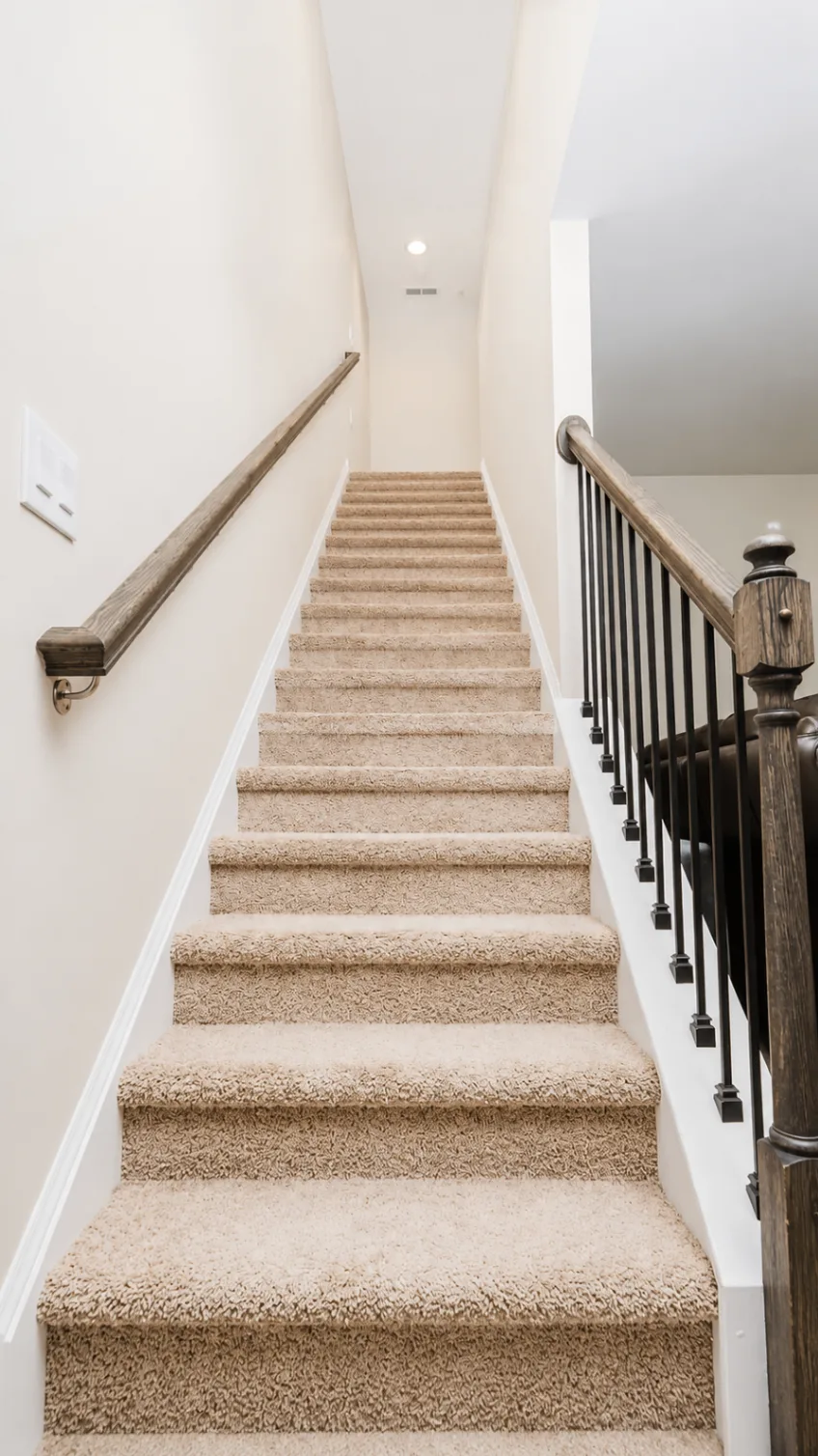 Carpeted staircase with wood handrail at 222 Lothian