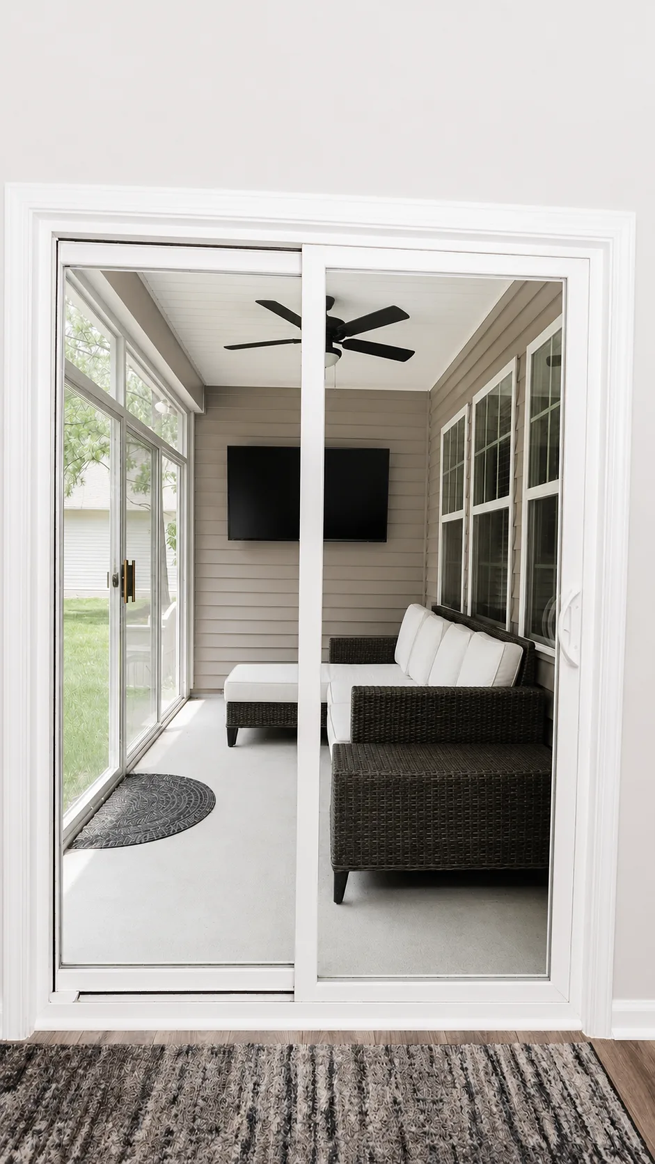 Covered back porch at 222 Lothian viewed from inside the breakfast area