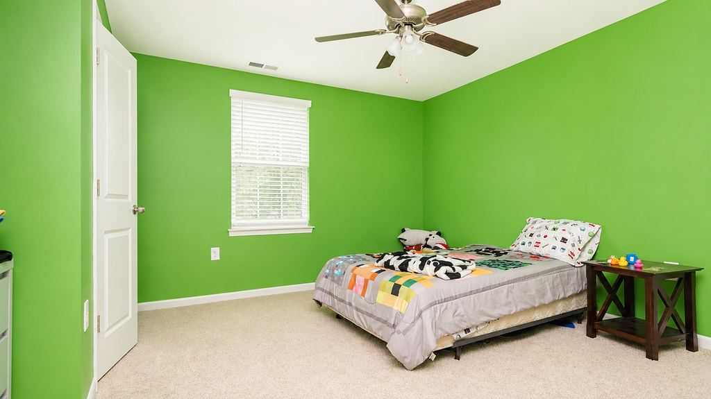 Bright bedroom with vivid green walls, ceiling fan and large window
