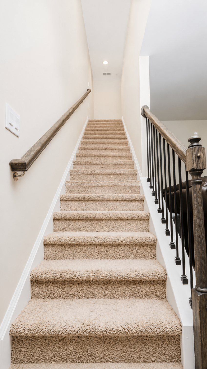 Carpeted staircase with wood handrail leading upstairs